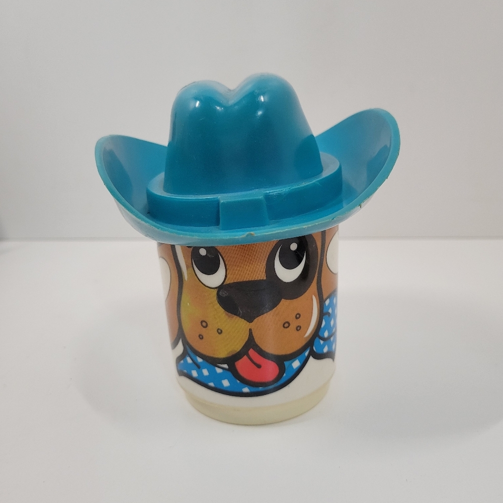 Vintage DEKA Plastic BOW WOW Plastic Dog Mug w/ Blue Hat And Handle